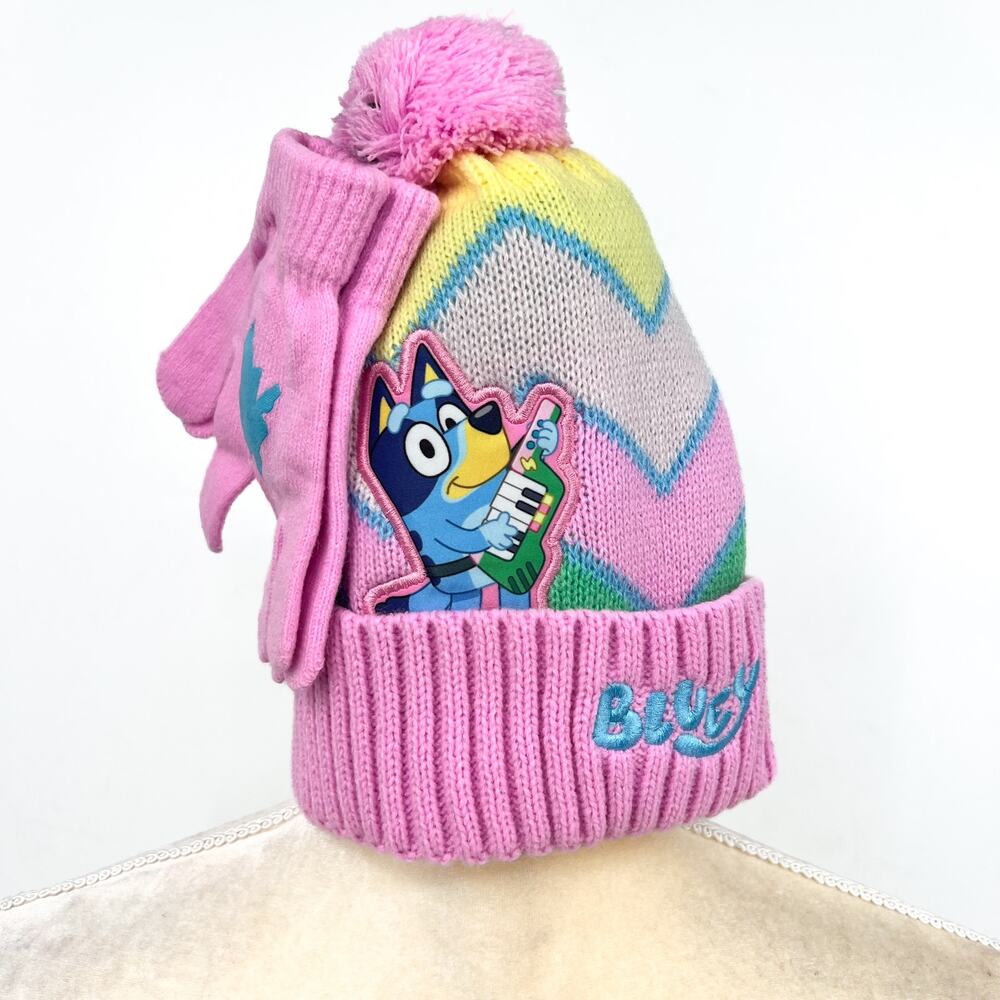 BLUEY Soft Knit Beanie Hat And Gloves Set One Size Pink Multi NWOT